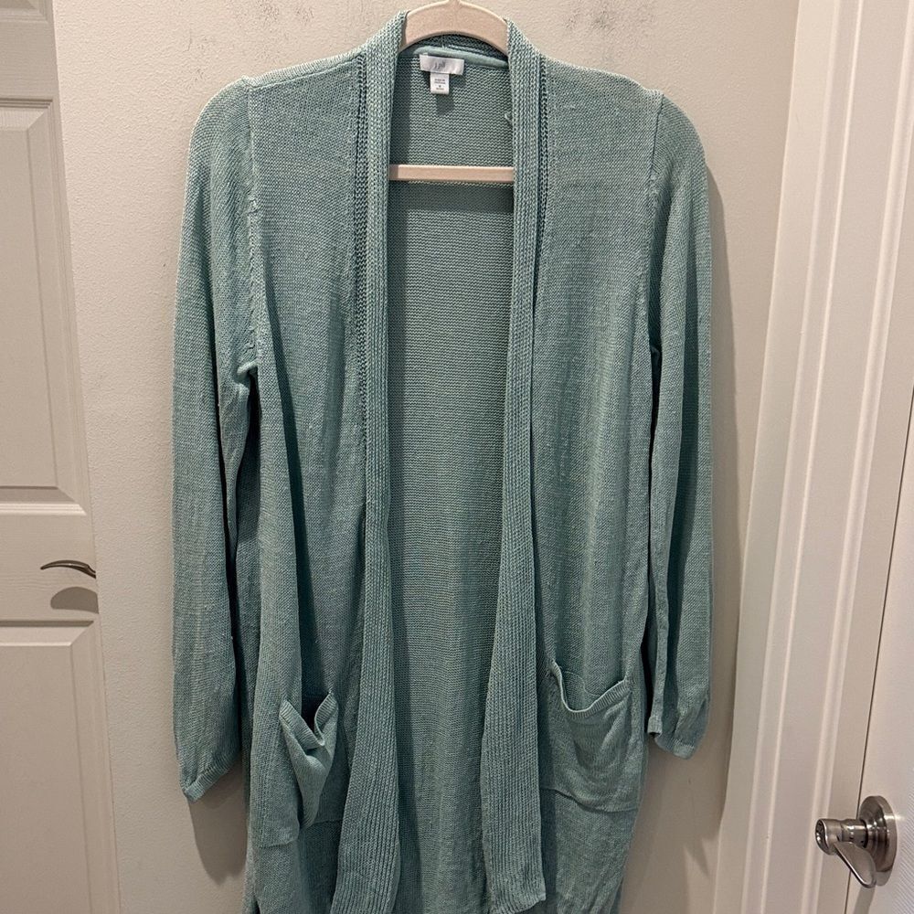 J.Jill Women's Light Green Open Front Long Line Cardigan size Medium Petite